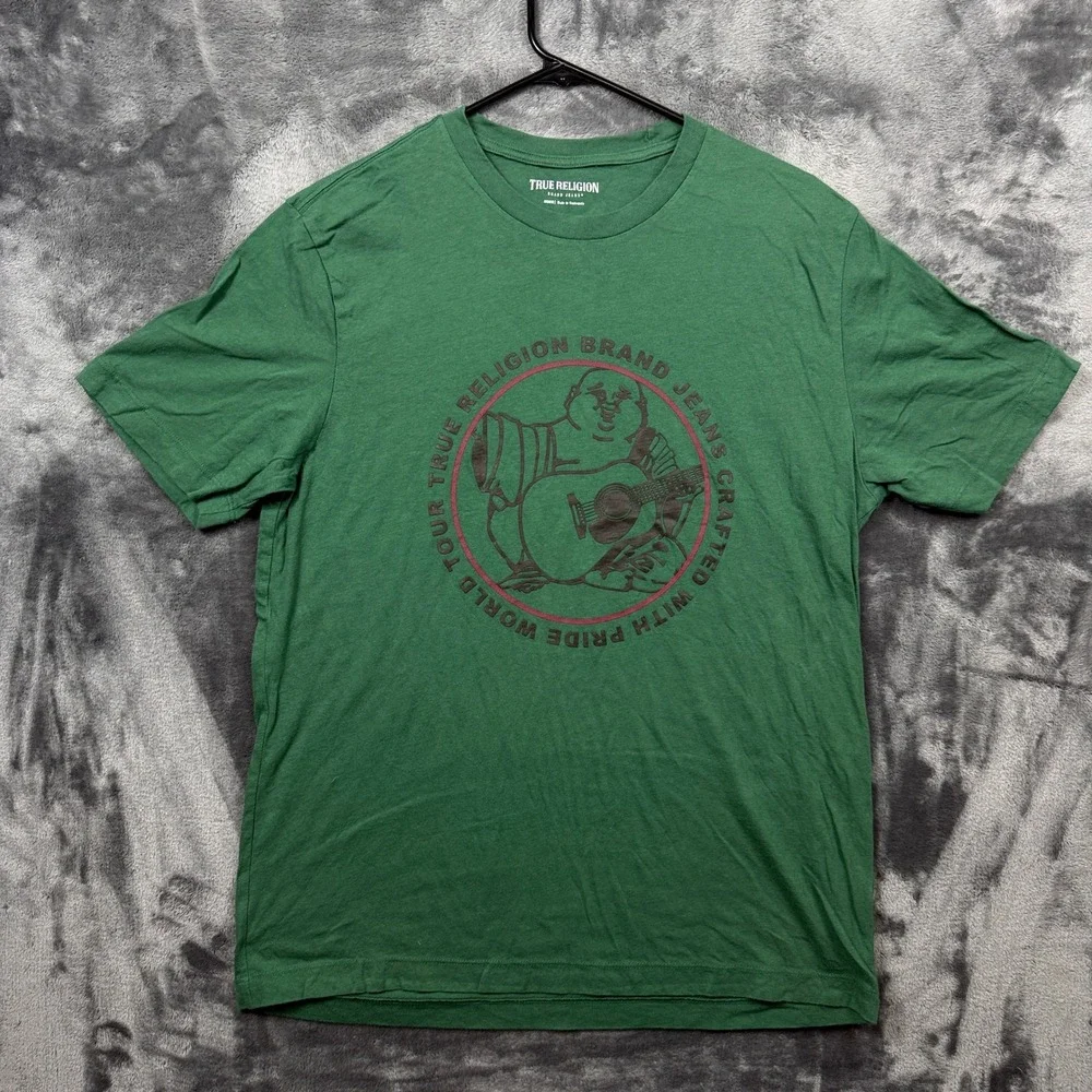 True Religion T-Shirt Mens Medium Green Excellent Buddha Guitar Graphic Tee